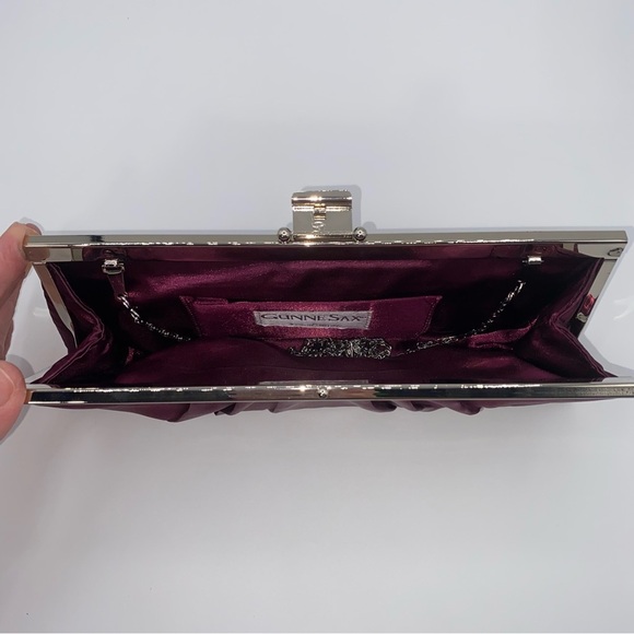 Gunne Sax Satin Pleated Burgundy Evening Bag Clutch with Silver Chain Hardware - Picture 7 of 12